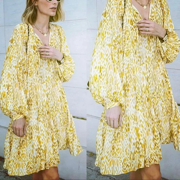 Anine Bing | Dresses | Anine Bing Dress Blouson Tiered Mini Madison Gold  Print Small | Poshmark